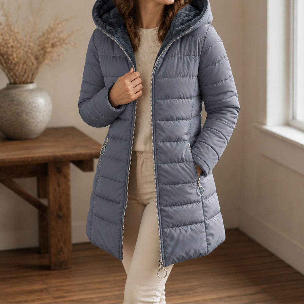 Hooded Puffer Coat with Plush Longline Lining and Hood - Image 6