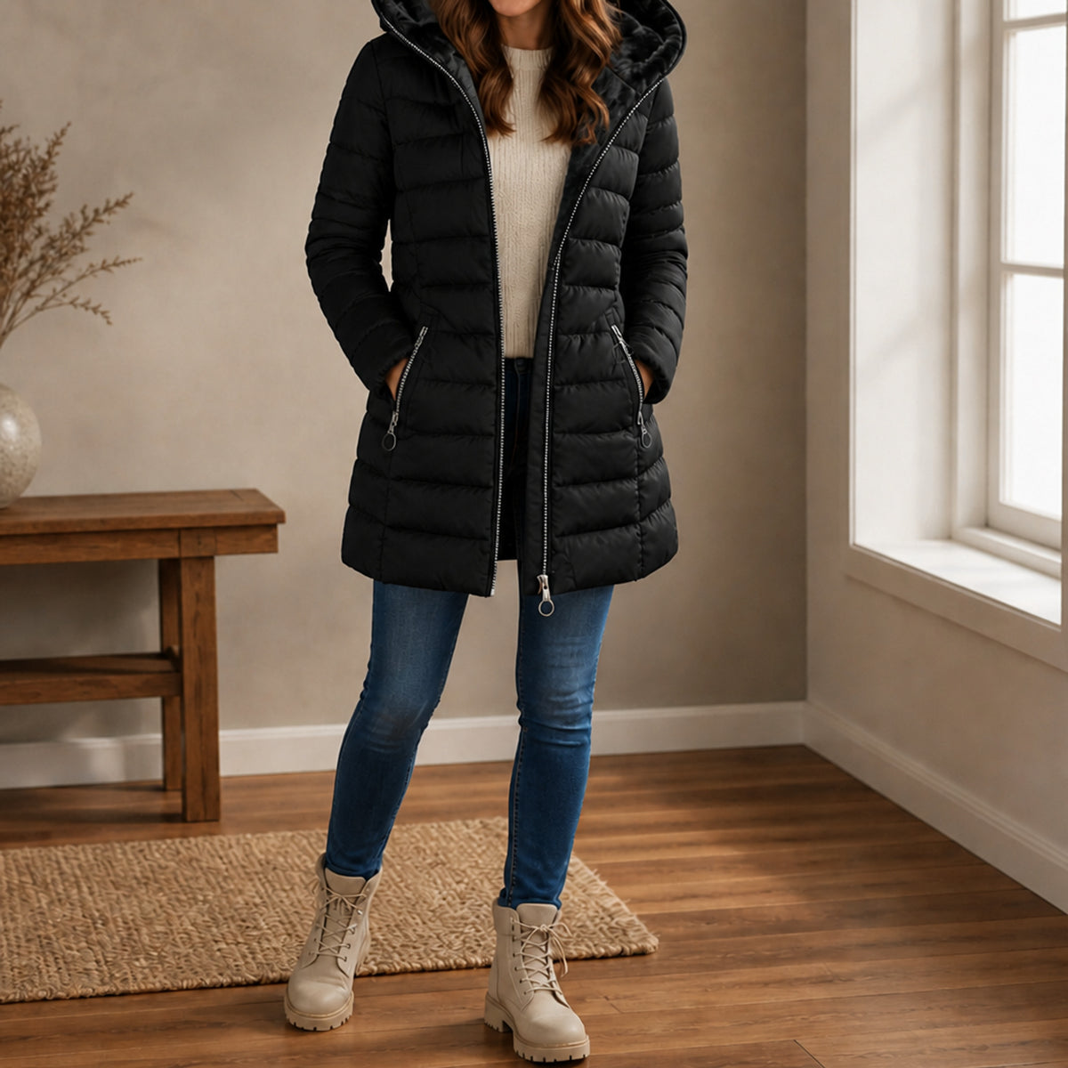 Hooded Puffer Coat with Plush Longline Lining and Hood - Image 7