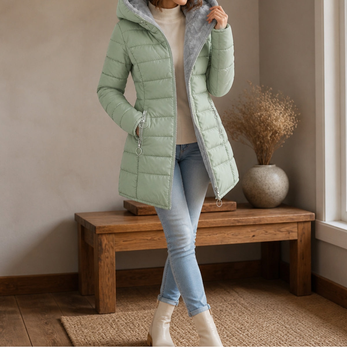 Hooded Puffer Coat with Plush Longline Lining and Hood - Image 8