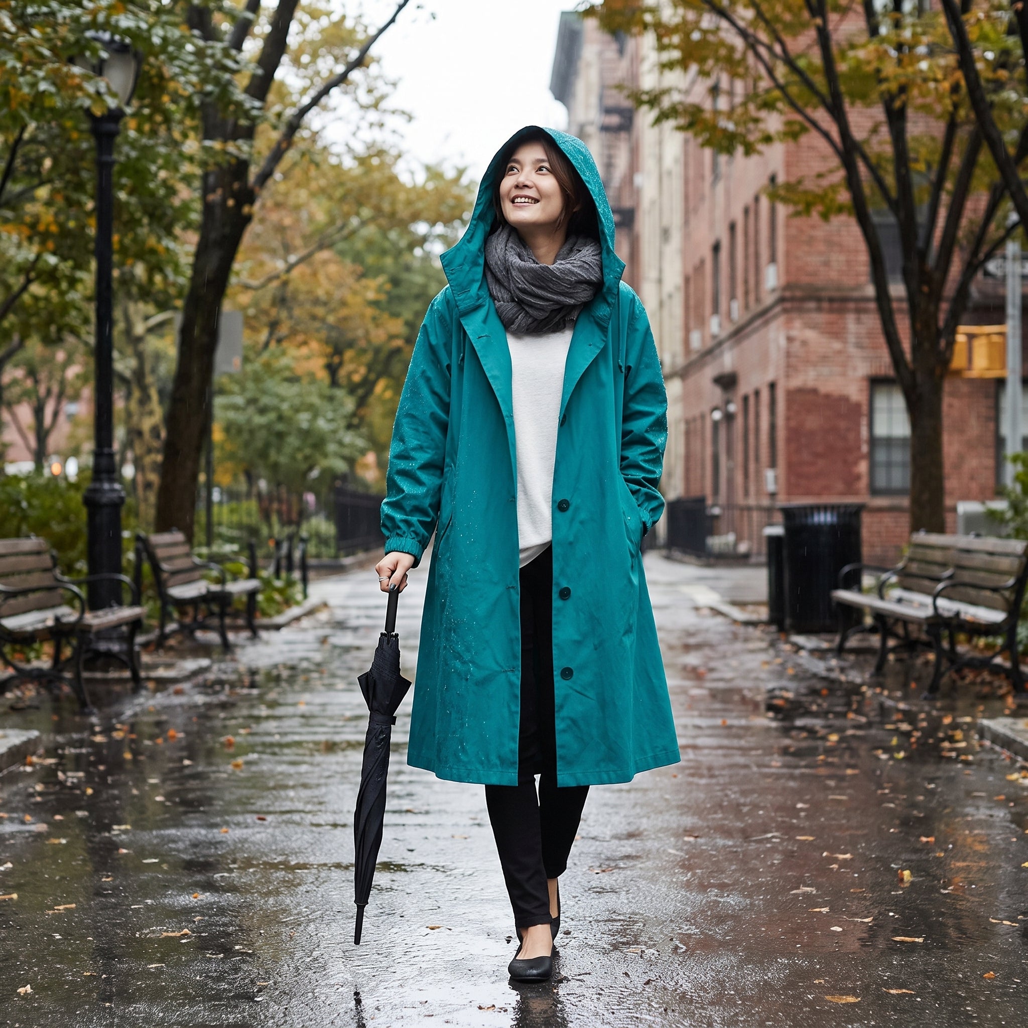 Women's Hooded Trench Coat Long Button-Front - in-use