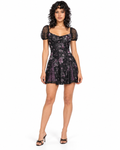 Nikki Obsession purple floral mini dress on model