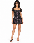 Nikki Obsession purple floral mini dress on model