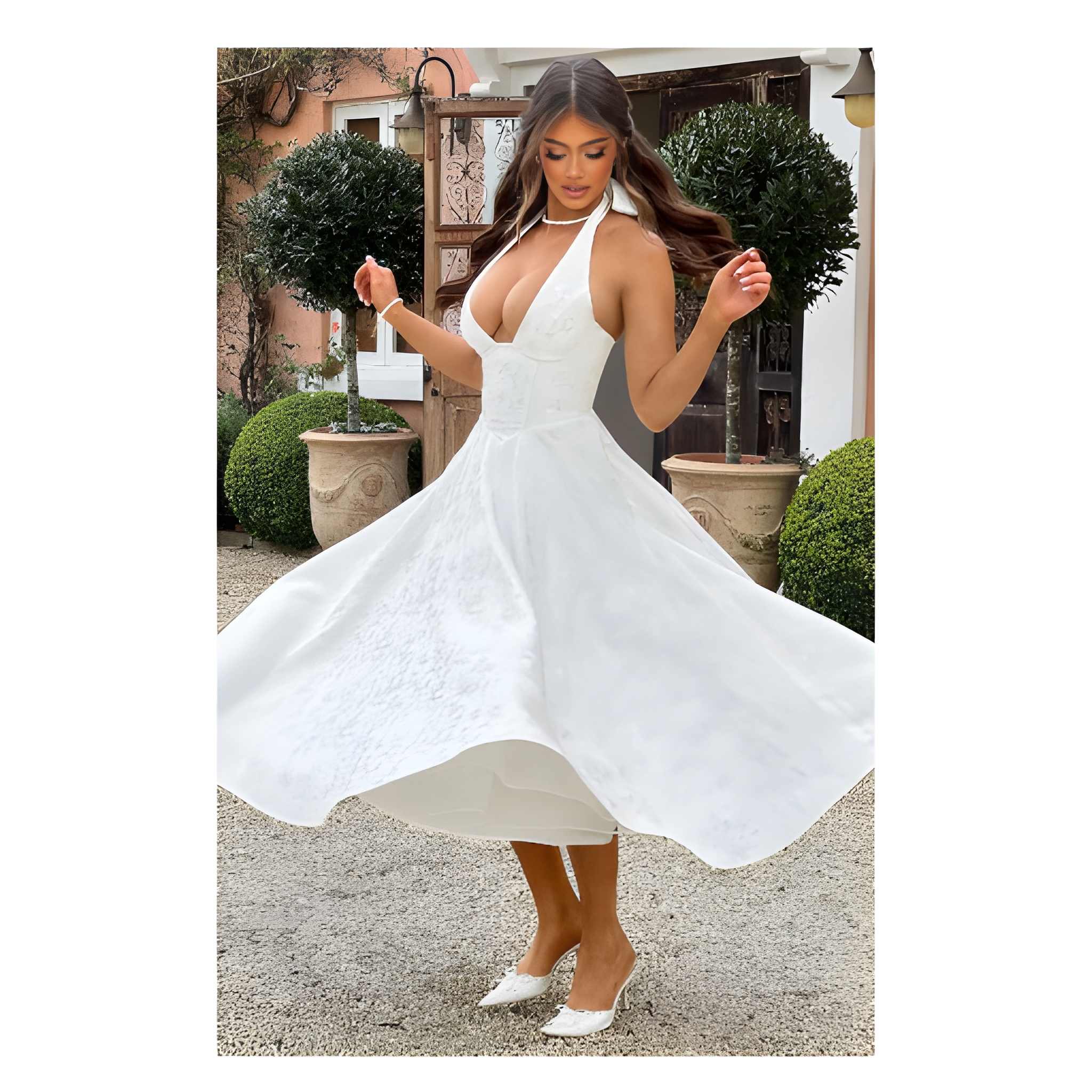 NOVA | Wedding Guest Halter Midi Dress with Flared Skirt for Women