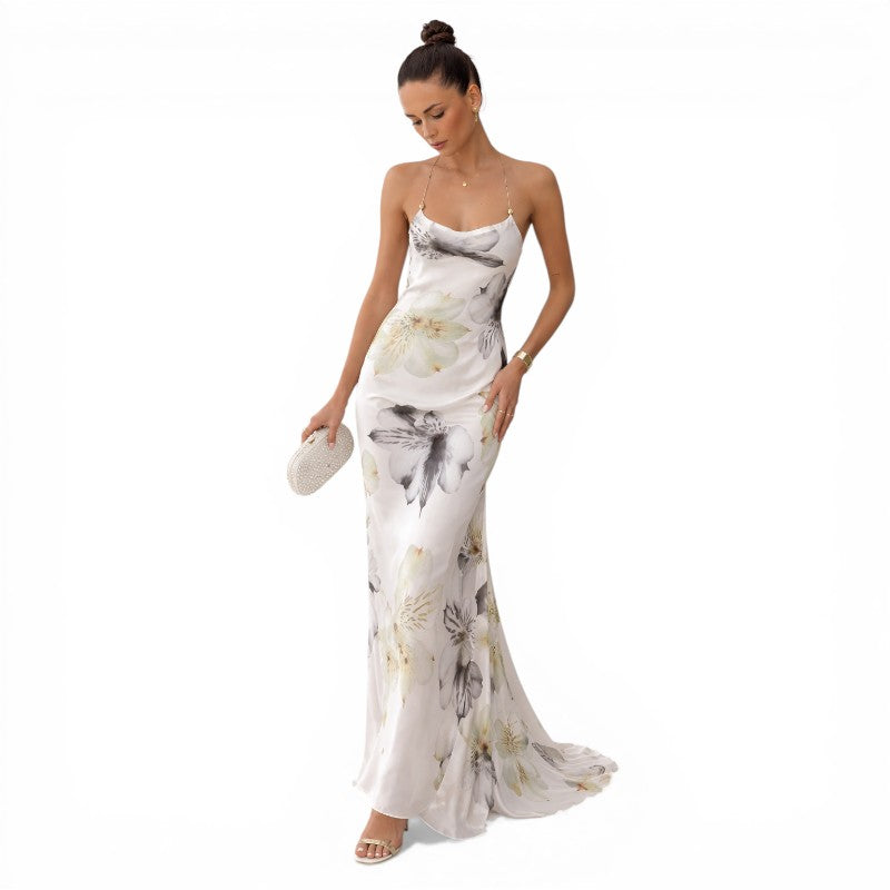 NOVA | Floral Wedding Guest Dress – Elegant Floral Satin Maxi Formal Dress