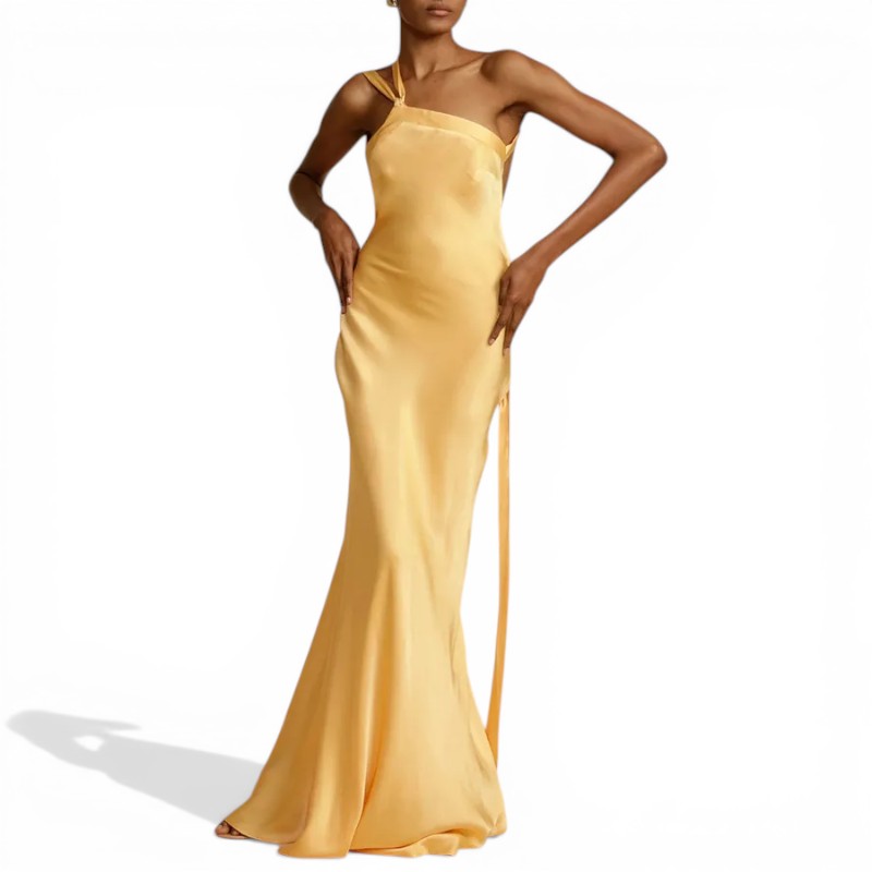 NOVA | Robe maxi pour invitées de mariage – Robe formelle en satin une épaule jaune