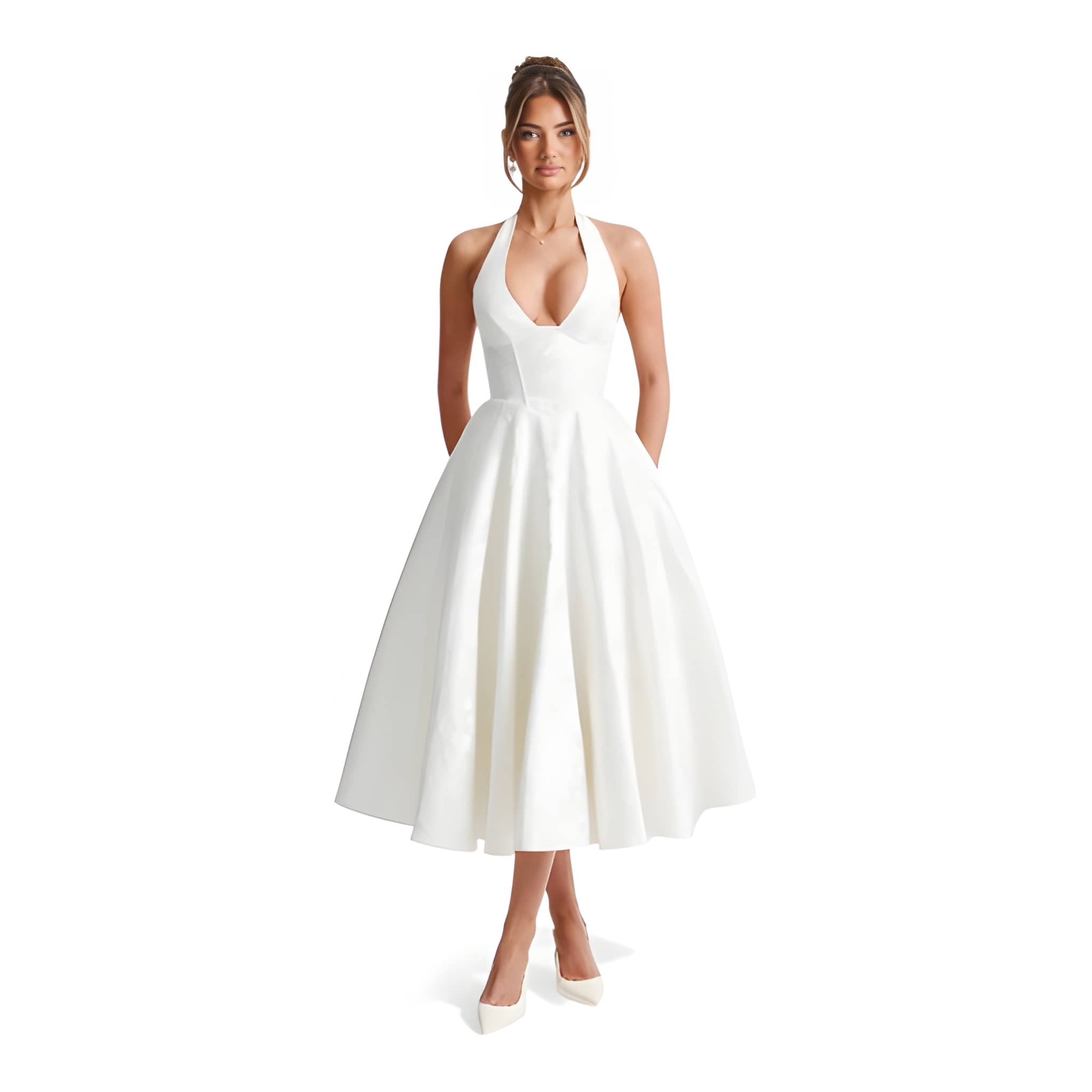 NOVA | Wedding Guest Halter Midi Dress with Flared Skirt for Women
