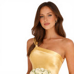 NOVA | Robe maxi pour invitées de mariage – Robe formelle en satin une épaule jaune