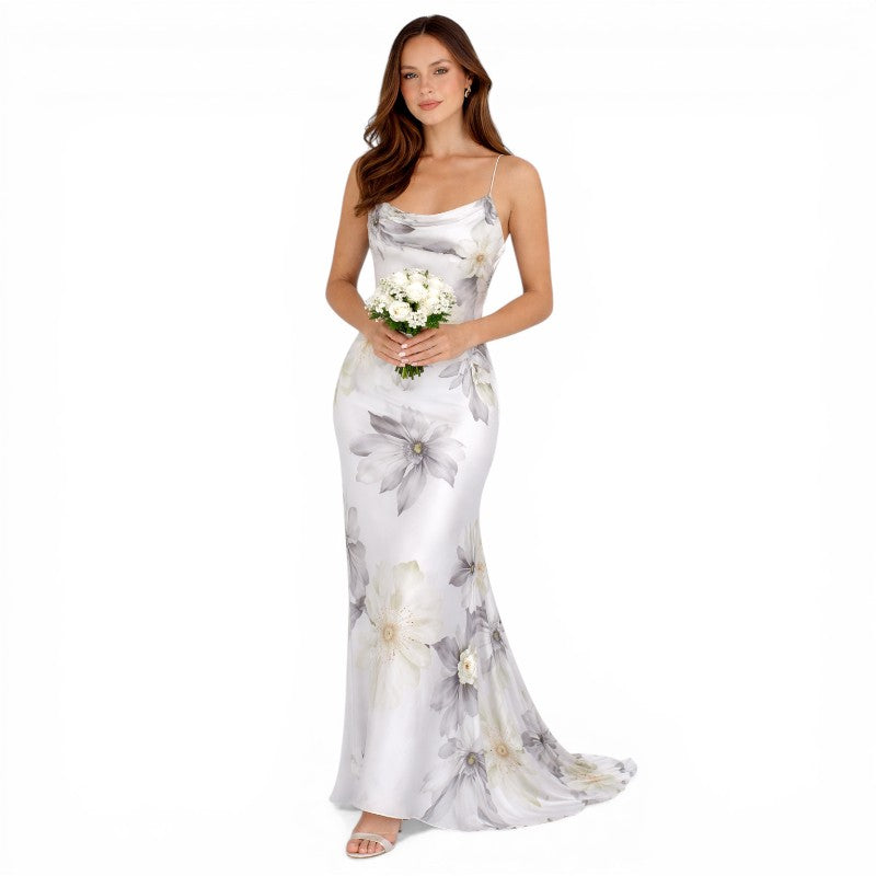 satin floral wedding guest dress Leely Women Floral Sage Mermaid Maxi Wedding Guest Dress with Cape Satin Bateau Neck Bridesmaid Dress