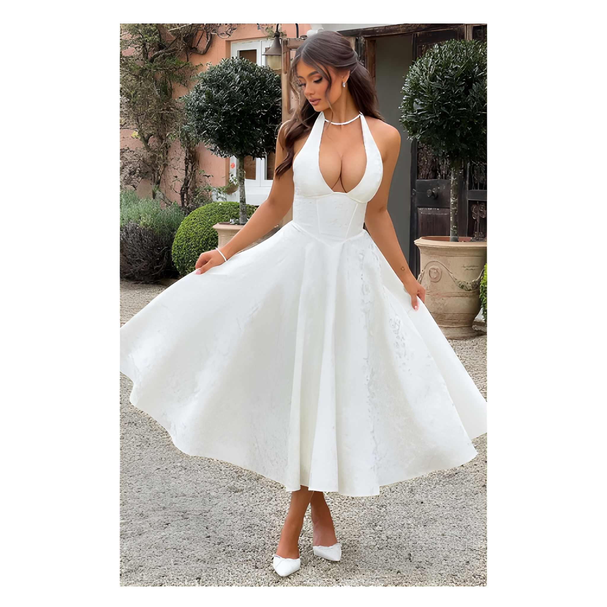NOVA | Wedding Guest Halter Midi Dress with Flared Skirt for Women