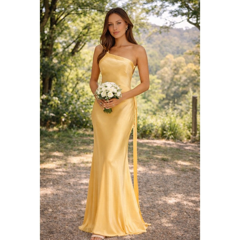 NOVA | Wedding Guest Maxi Dress- Satin One Shoulder Formal Dress in Yellow