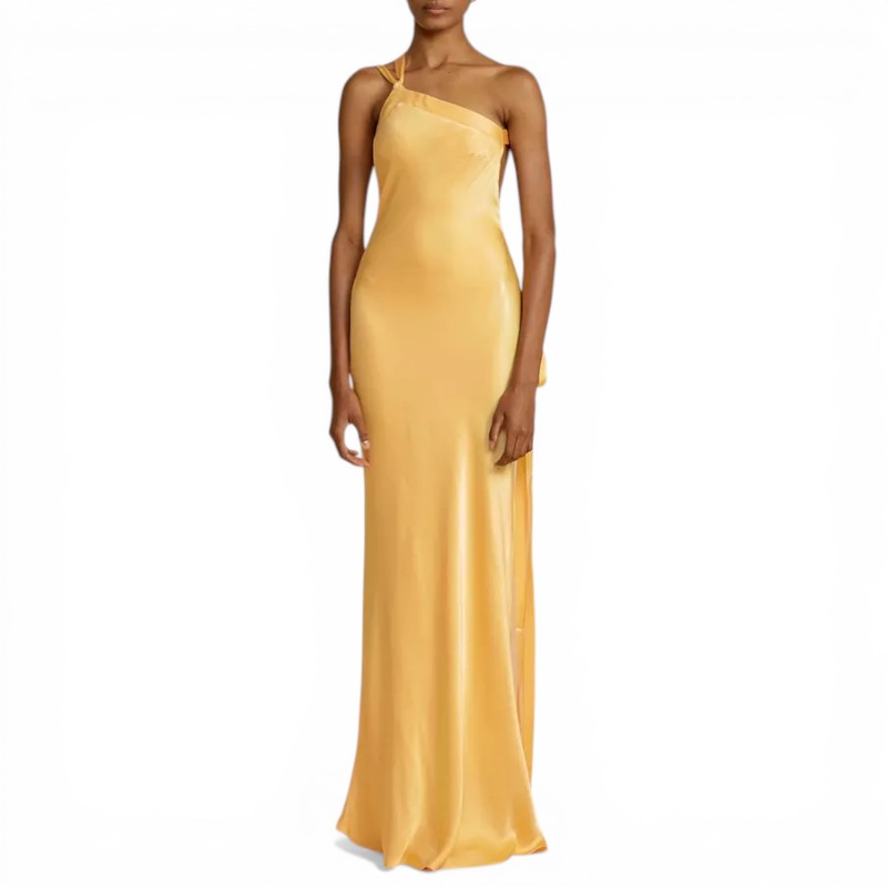 NOVA | Robe maxi pour invitées de mariage – Robe formelle en satin une épaule jaune