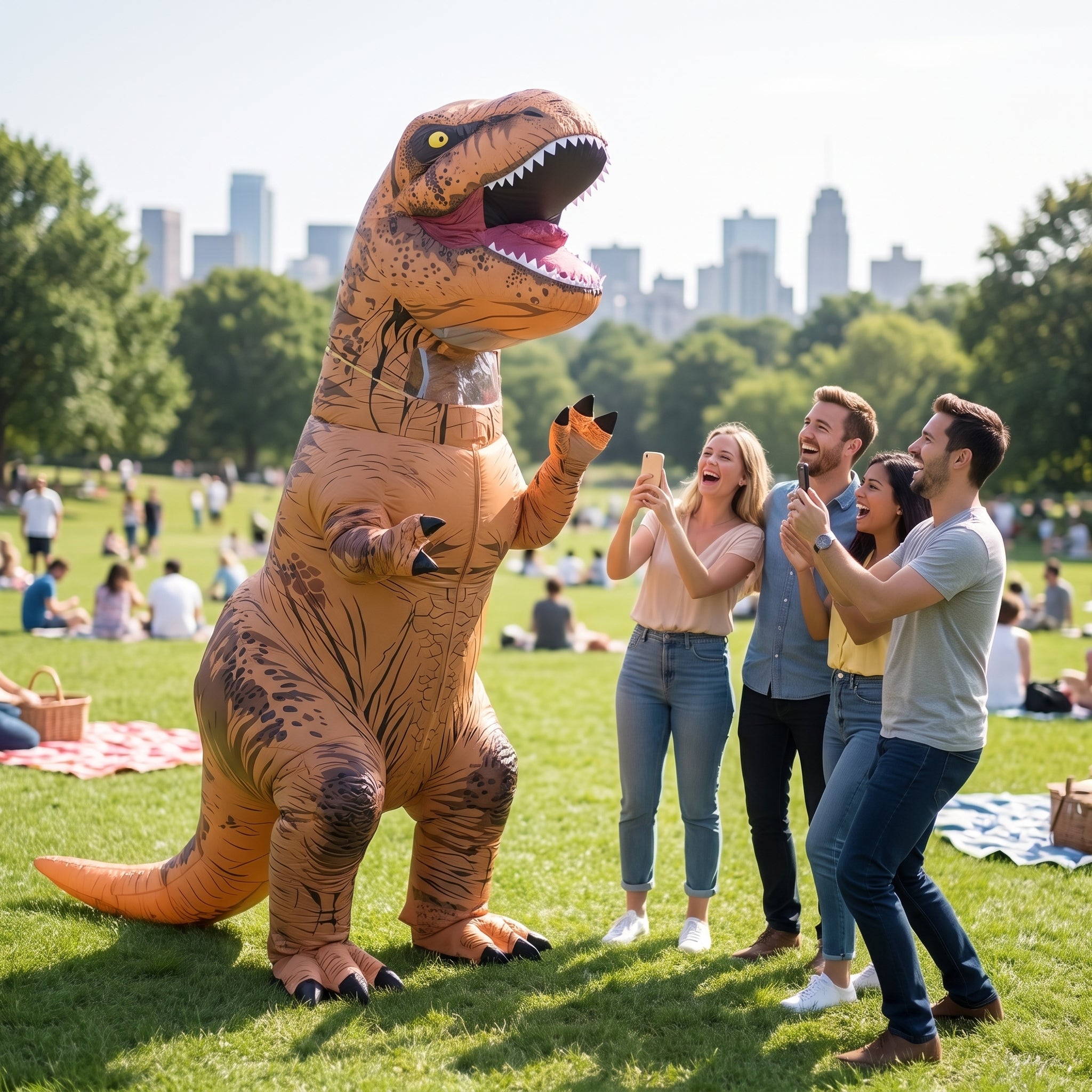 Halloween Inflatable Costume Dinosaur With Built-In Fan Blow Up T-Rex Outfit For Instant Inflation - in-use