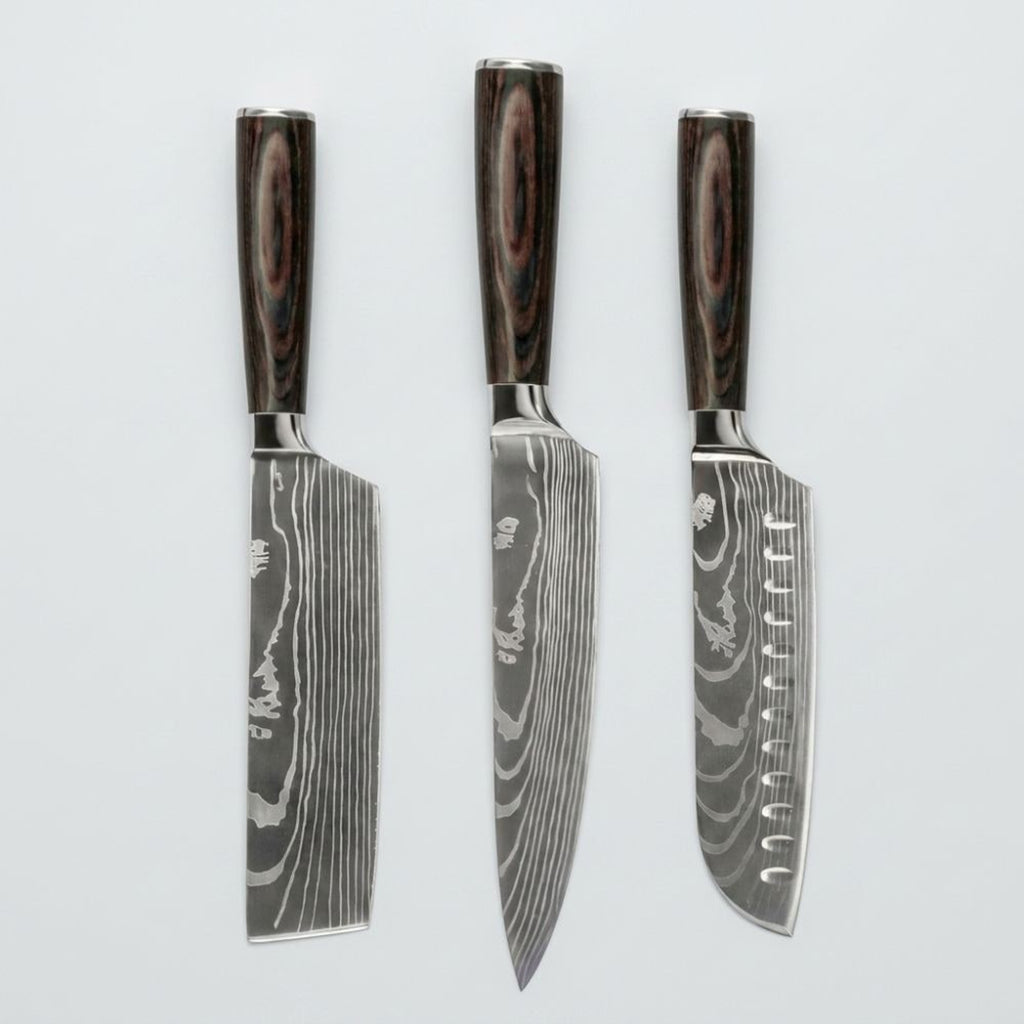Japanese Damascus 3-Piece Knife Set With Hand-Forged Steel Blades And Wooden Handles - Image 1