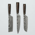 Japanese Damascus 3-Piece Knife Set With Hand-Forged Steel Blades And Wooden Handles - Image 1