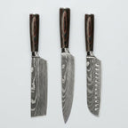 Japanese Damascus 3-Piece Knife Set With Hand-Forged Steel Blades And Wooden Handles - Image 1