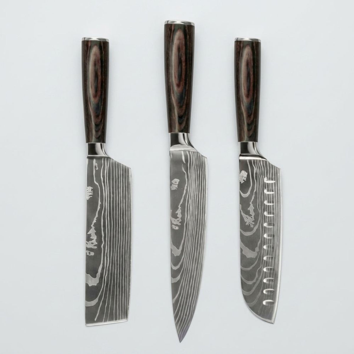 Japanese Damascus 3-Piece Knife Set With Hand-Forged Steel Blades And Wooden Handles - Image 1