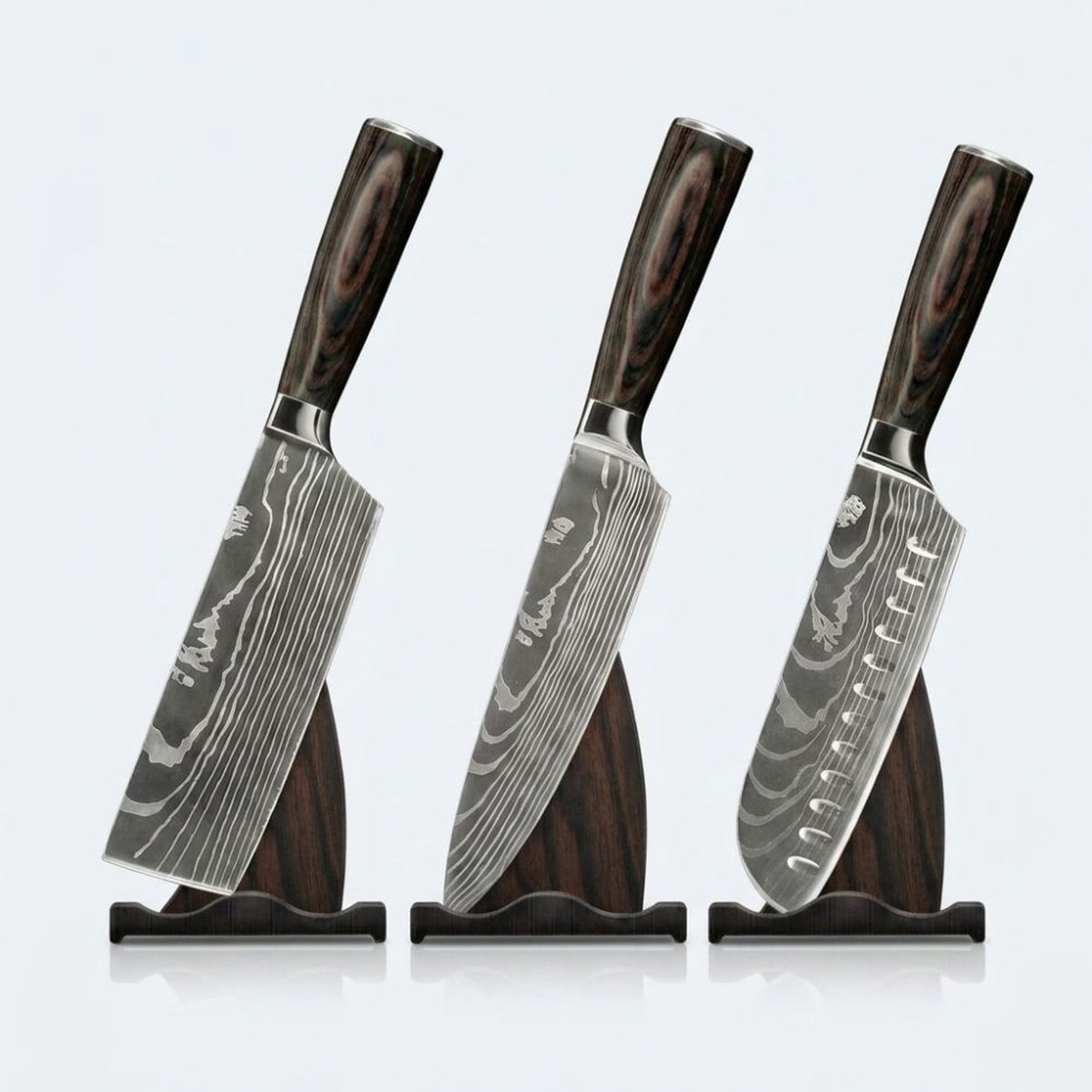 Japanese Damascus 3-Piece Knife Set With Hand-Forged Steel Blades And Wooden Handles - Image 2