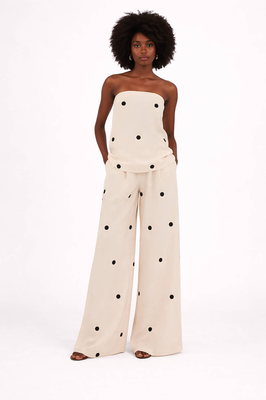 NOVA | Ensemble deux pièces pantalon en lin à pois pour femmes – Top bandeau et pantalon large crème et noir