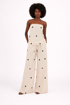 NOVA | Ensemble deux pièces pantalon en lin à pois pour femmes – Top bandeau et pantalon large crème et noir