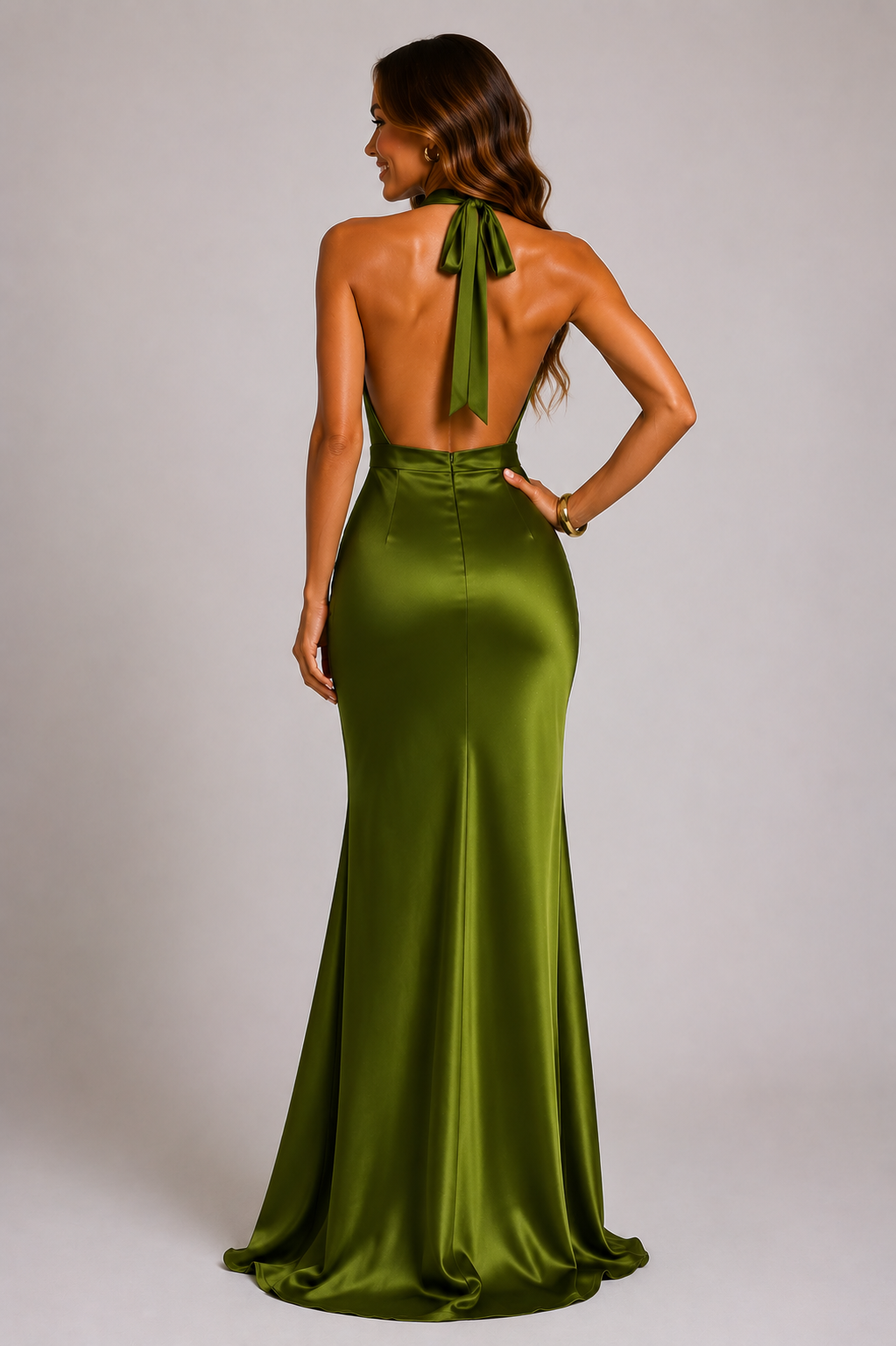NOVA | Satin Maxi Dress – Sage Green Elegant Halterneck Wedding Guest
