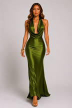 NOVA | Satin Maxi Dress – Sage Green Elegant Halterneck Wedding Guest
