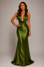 NOVA | Satin Maxi Dress – Sage Green Elegant Halterneck Wedding Guest