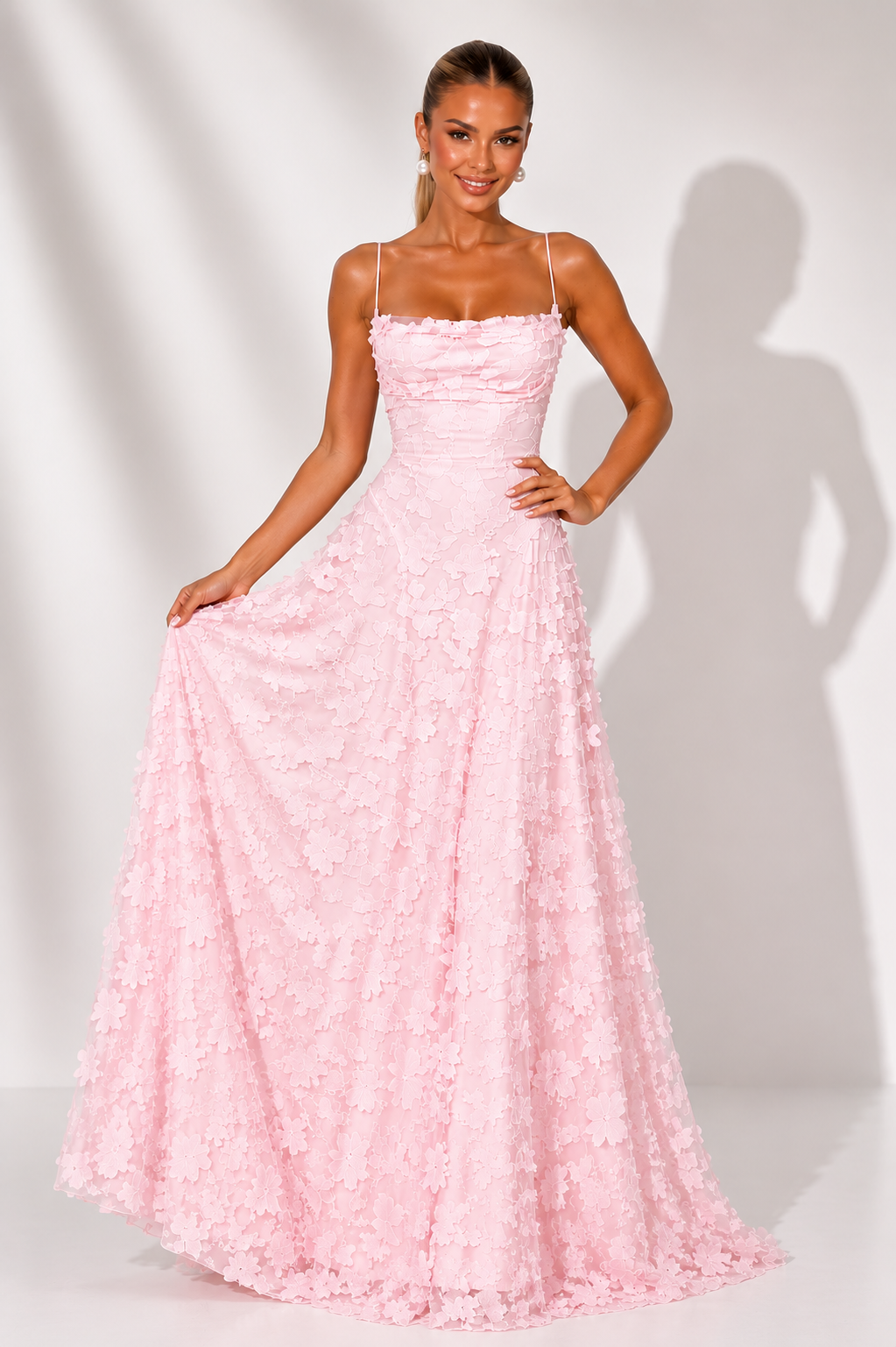 NOVA | Lace Floral Pink Wedding Guest Maxi Dress | Elegant Strappy Evening Gown