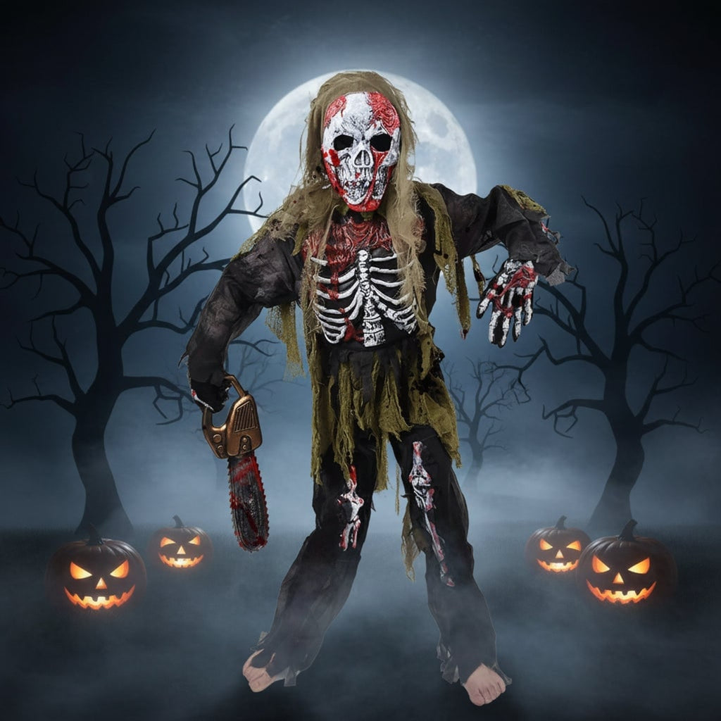 Kids' Halloween Costume Zombie Skeleton With Skull Mask And Gloves Three-Piece Set - Image 1