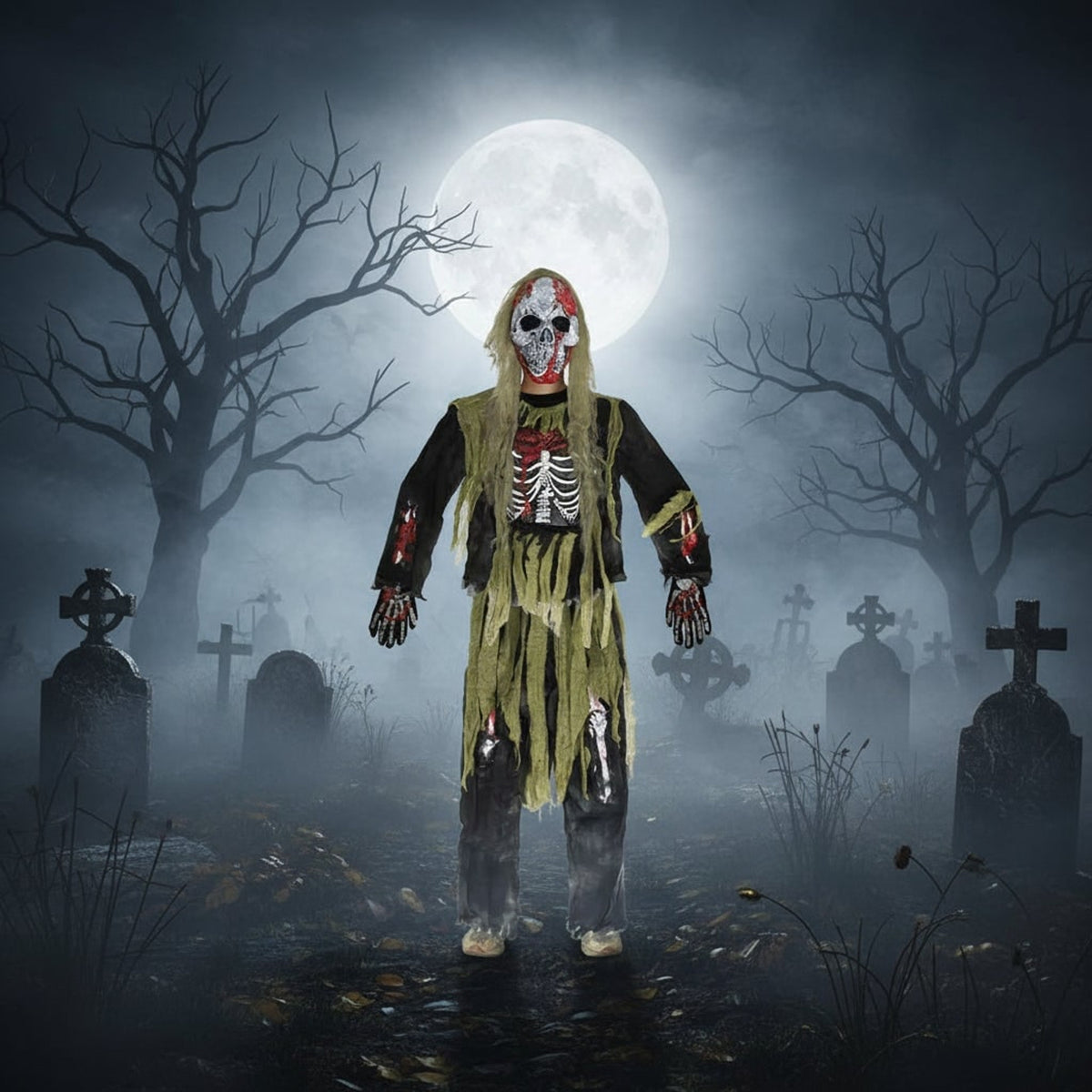 Kids' Halloween Costume Zombie Skeleton With Skull Mask And Gloves Three-Piece Set - Image 2
