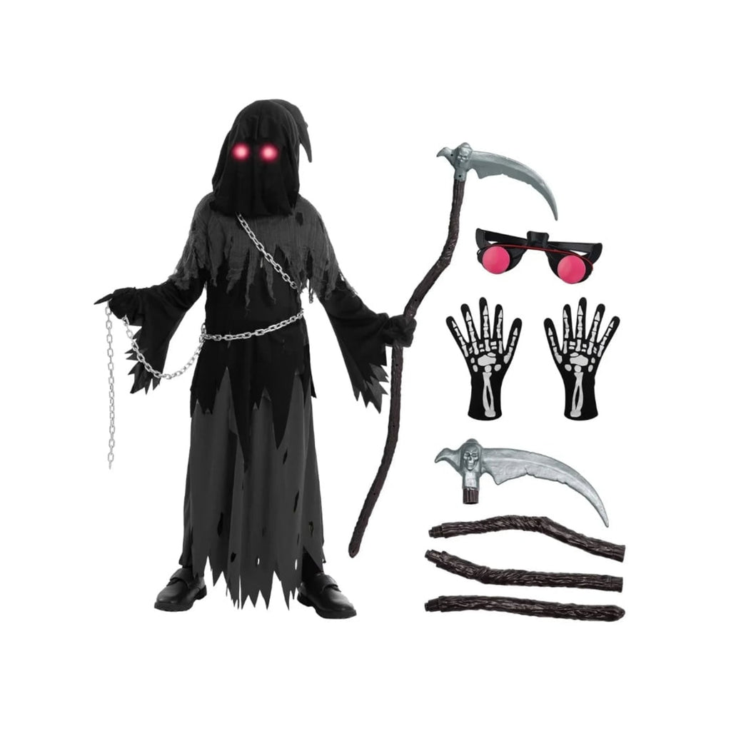 Kids' Halloween Grim Reaper Costume Hooded Robe Set With Glowing Eyes And Gloves - Image 3