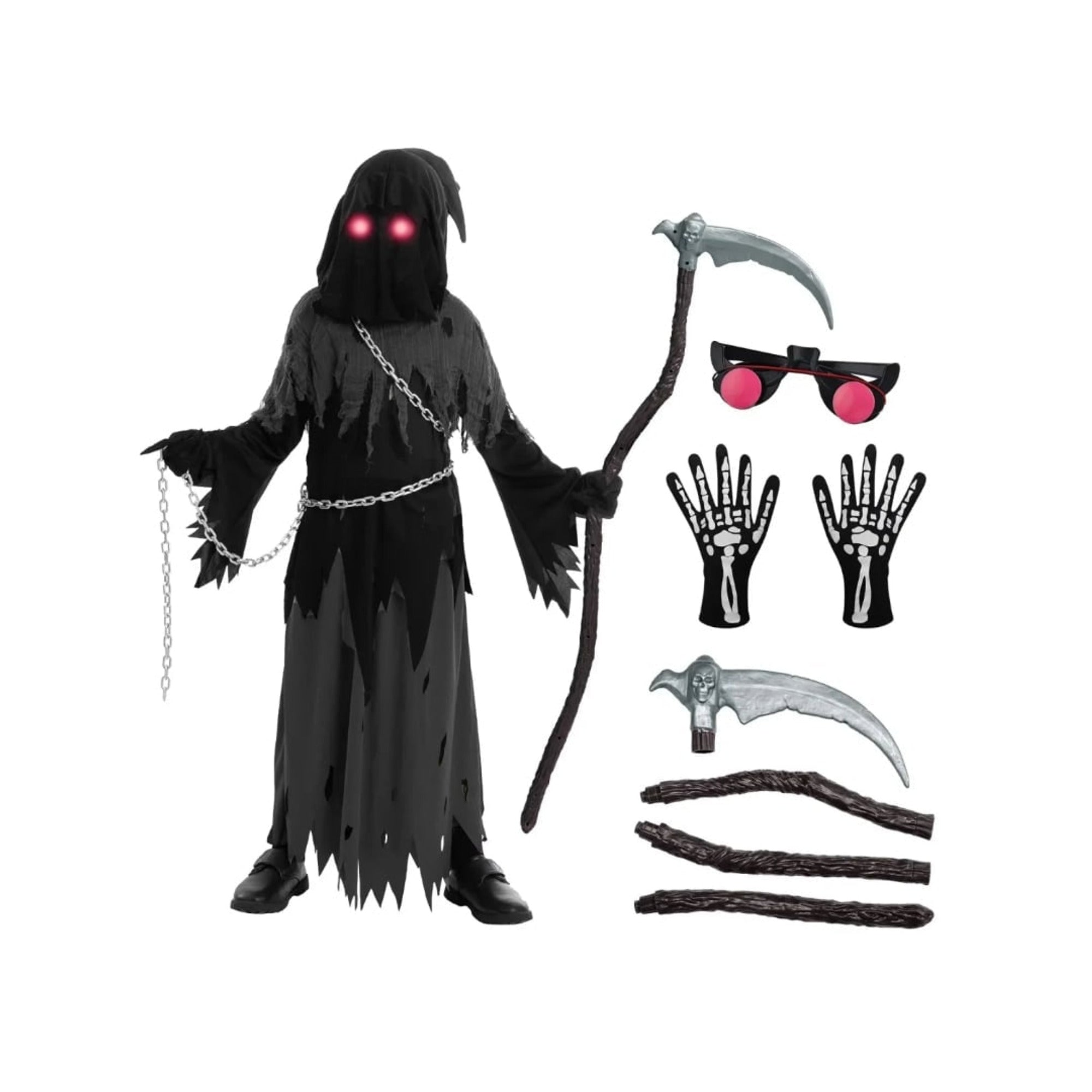 Kids' Halloween Grim Reaper Costume Hooded Robe Set With Glowing Eyes And Gloves - Image 3