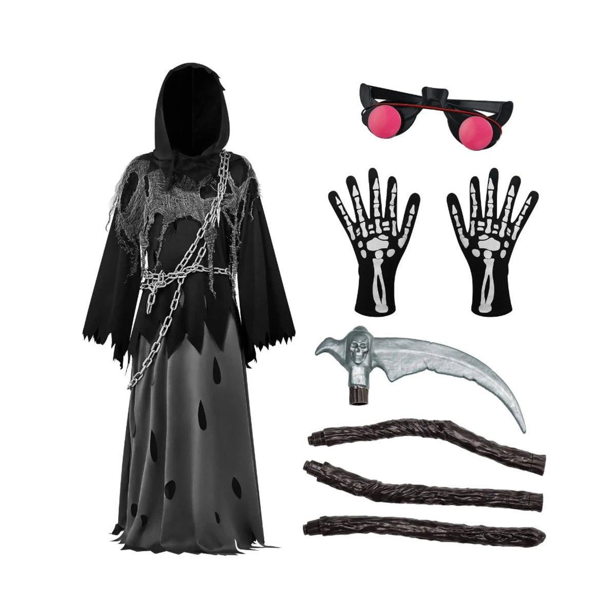 Kids' Halloween Grim Reaper Costume Hooded Robe Set With Glowing Eyes And Gloves - Image 7