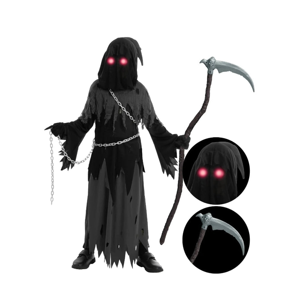 Kids' Halloween Grim Reaper Costume Hooded Robe Set With Glowing Eyes And Gloves - Image 5