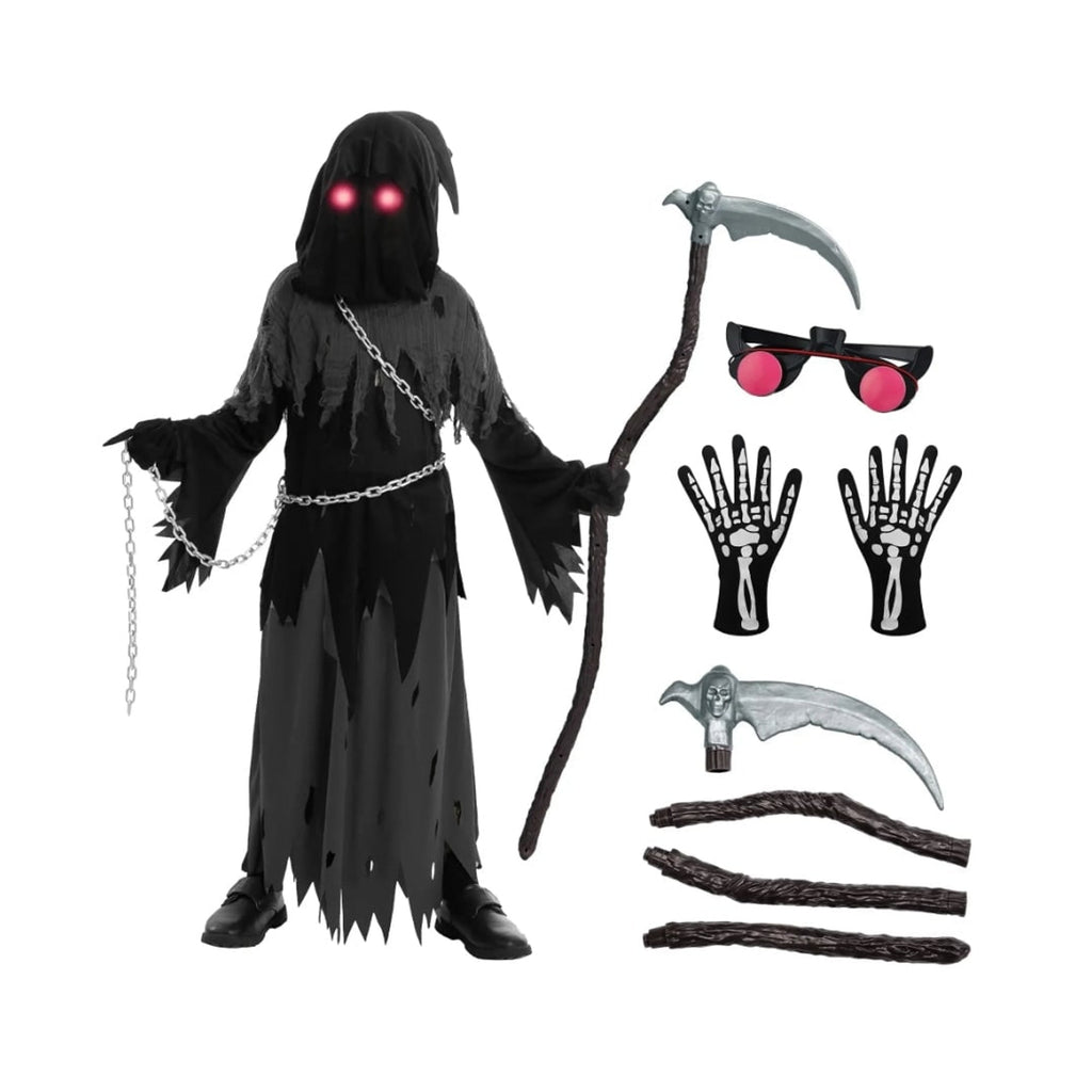 Kids' Halloween Grim Reaper Costume Hooded Robe Set With Glowing Eyes And Gloves - Image 4