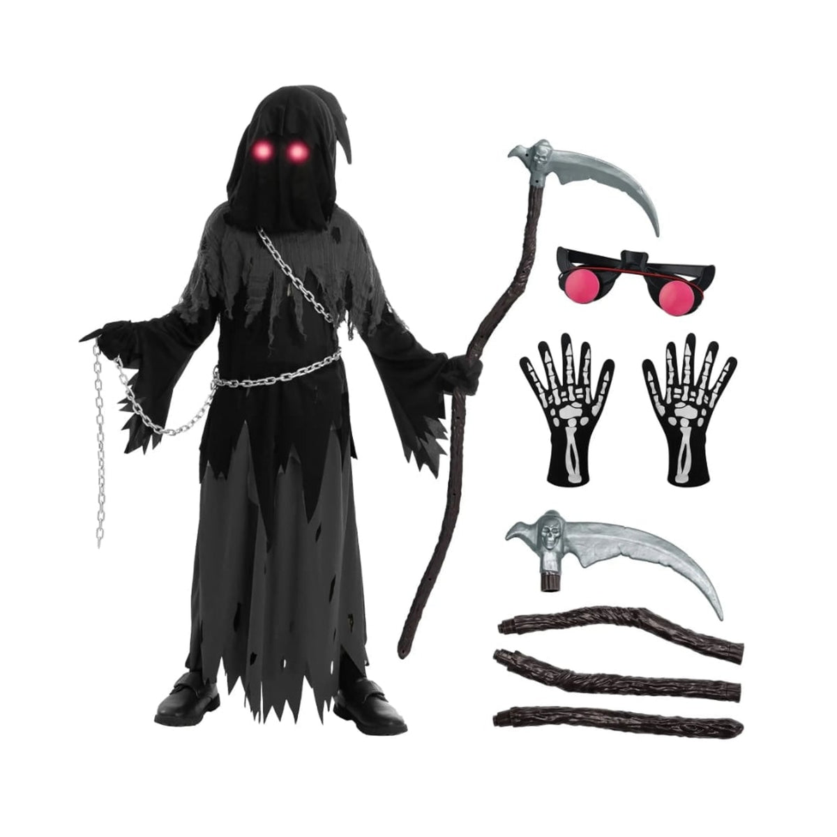 Kids' Halloween Grim Reaper Costume Hooded Robe Set With Glowing Eyes And Gloves - Image 4