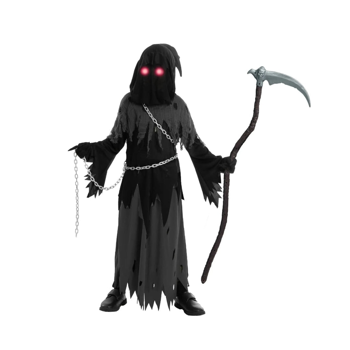 Kids' Halloween Grim Reaper Costume Hooded Robe Set With Glowing Eyes And Gloves - Image 6