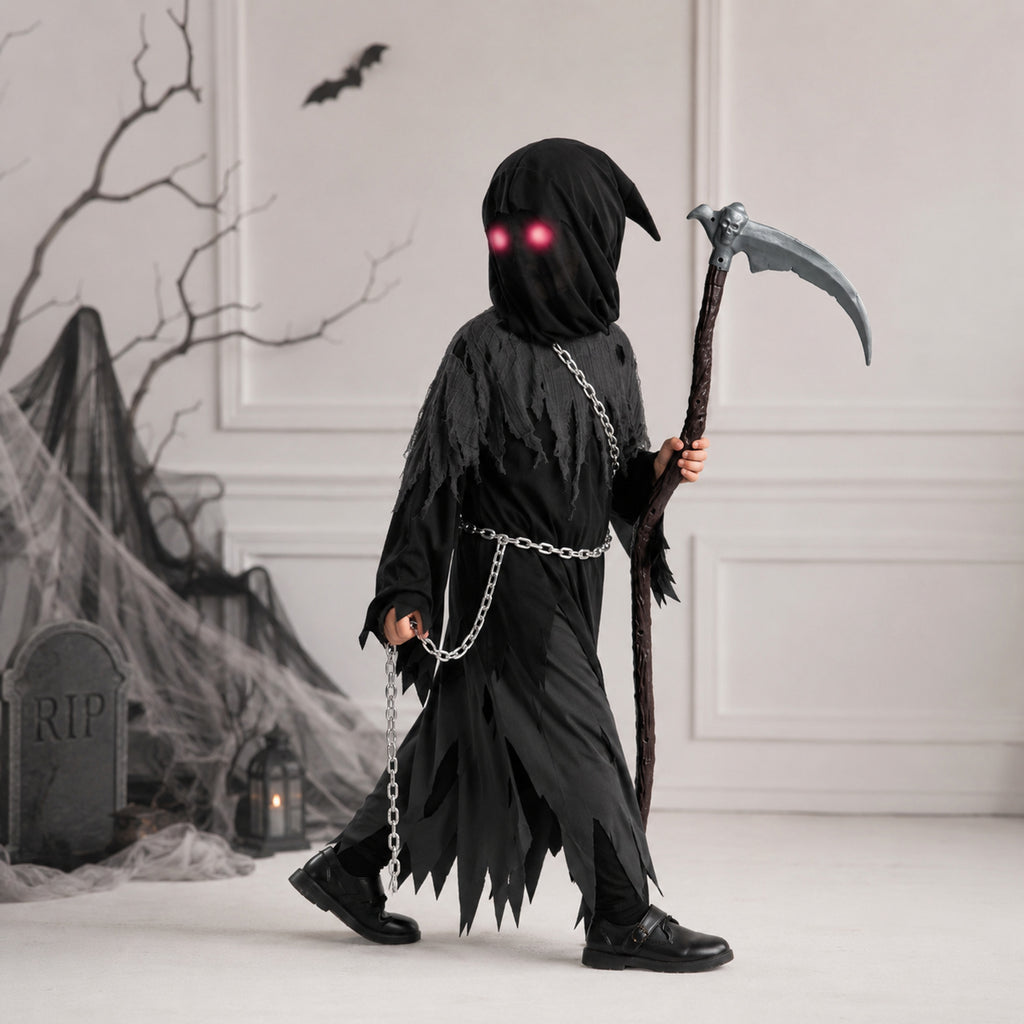 Kids' Halloween Grim Reaper Costume Hooded Robe Set With Glowing Eyes And Gloves - Image 1