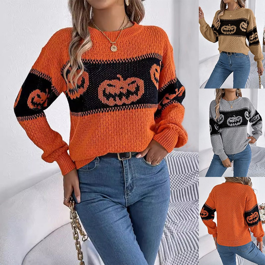 Kleding En Accessoires Knit Sweater with Relaxed Oversized Fit and Pumpkin Pattern - Image 1