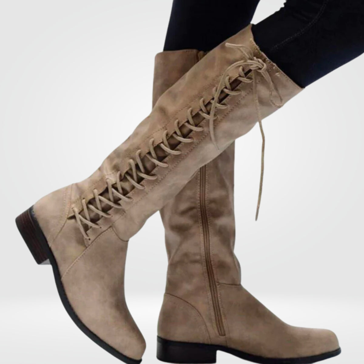 Knee High Boots with Block Heel Combat and Lace-Up - Image 3