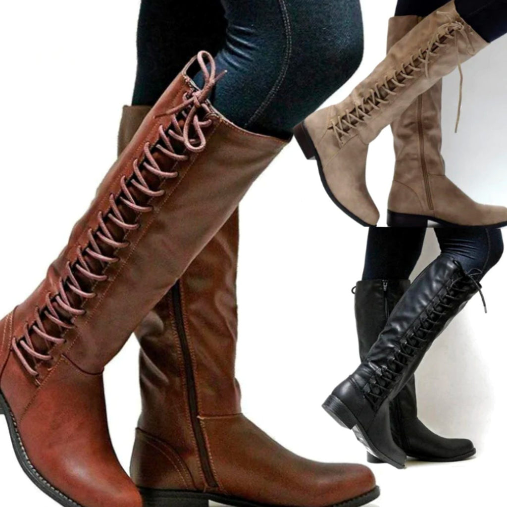Knee High Boots with Side Zip Block and Lace-Up Back - Image 1