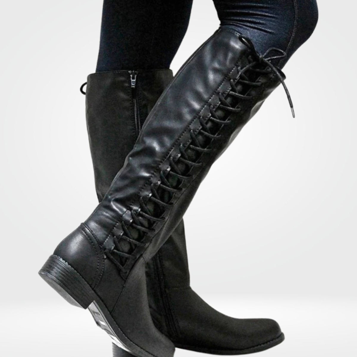 Knee High Boots with Side Zip Block and Lace-Up Back - Image 2