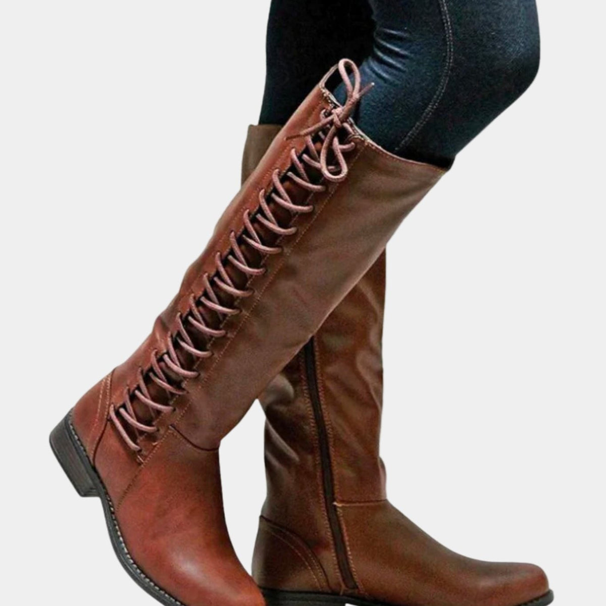 Knee High Boots with Side Zip Block and Lace-Up Back - Image 4