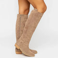 Knee High Boots with Suede Block Heel and Side Zip - Image 1