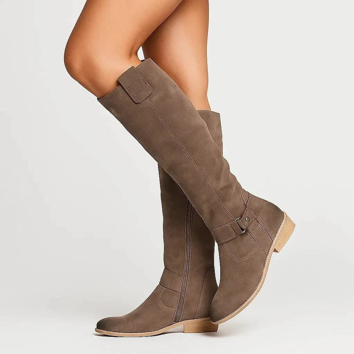 Knee High Boots with Suede Block Heel and Side Zip - Image 2