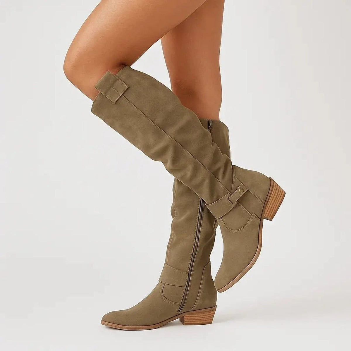 Knee High Boots with Suede Block Heel and Side Zip - Image 3