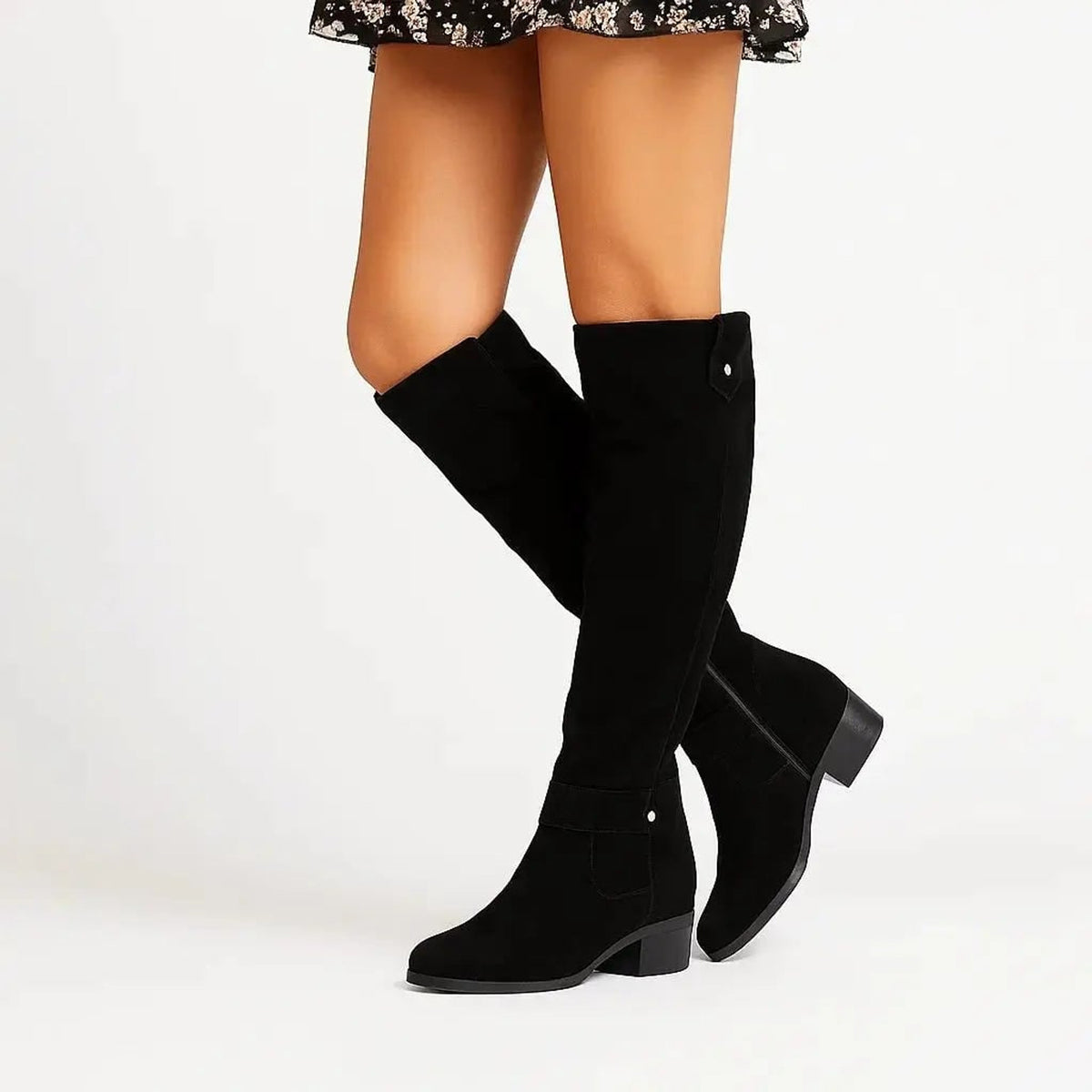 Knee High Boots with Suede Block Heel and Side Zip - Image 4