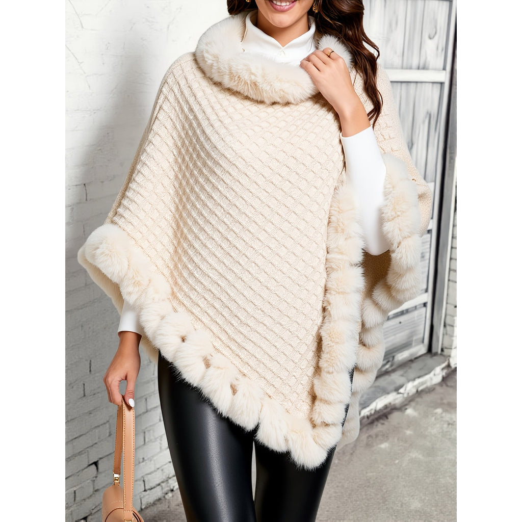 Knit Poncho Damskie Dzianinowe Z Futrzanym Wykończeniem With Soft Faux Fur Trim - Image 1