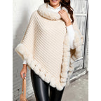 Knit Poncho Damskie Dzianinowe Z Futrzanym Wykończeniem With Soft Faux Fur Trim - Image 1