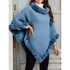 Knit Poncho Damskie Dzianinowe Z Futrzanym Wykończeniem With Soft Faux Fur Trim - Image 2