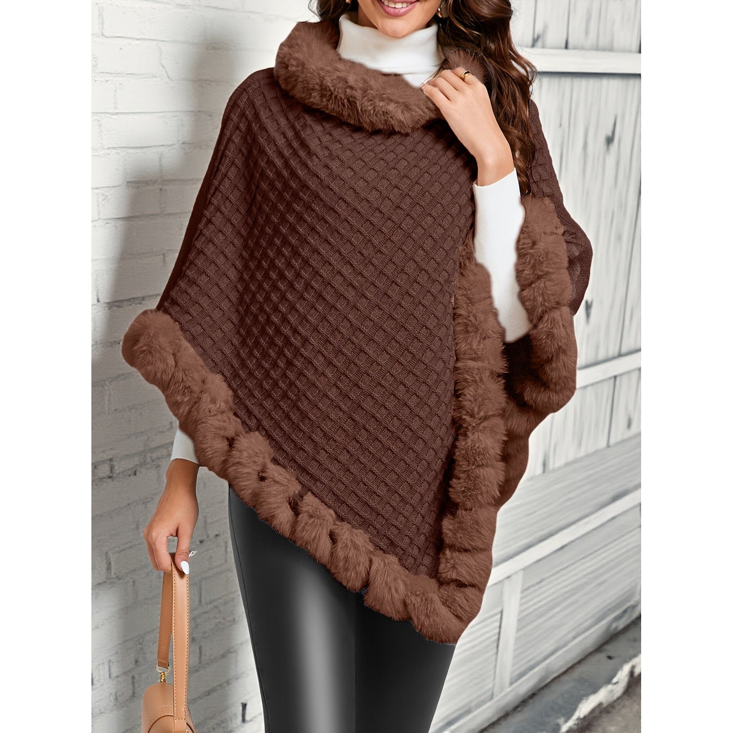 Knit Poncho Damskie Dzianinowe Z Futrzanym Wykończeniem With Soft Faux Fur Trim - Image 3
